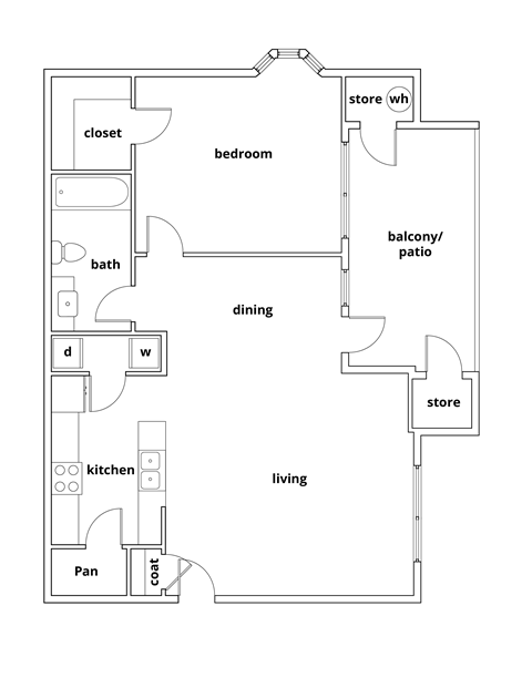 Floor plan for 1 bed, 1 bath, 694 sqft